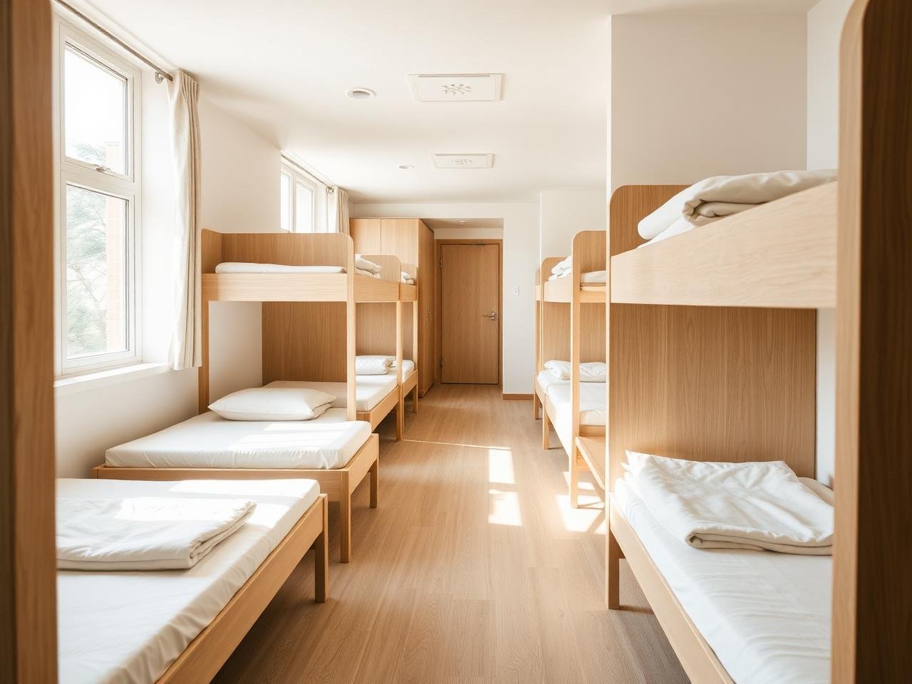 Chambre de résidence collective avec literie