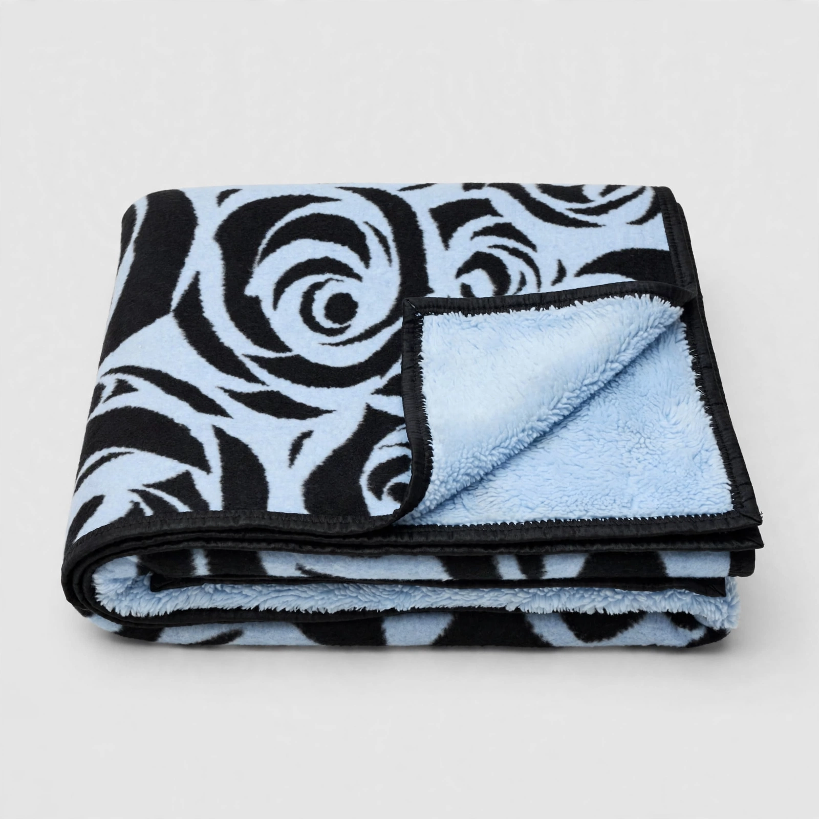 Couverture polaire double face roses bleu ciel et noir